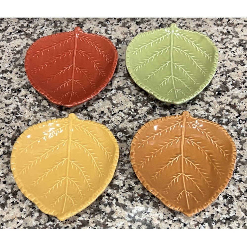 Set Of 4 Barbara Eigen Stoneware Leaf Plates Made In Portugal Appetizer Fall